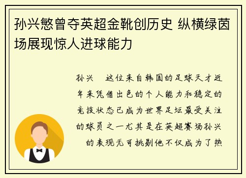 孙兴慜曾夺英超金靴创历史 纵横绿茵场展现惊人进球能力 孙兴慜曾夺英超金靴创历史 纵横绿茵场展现惊人进球能力